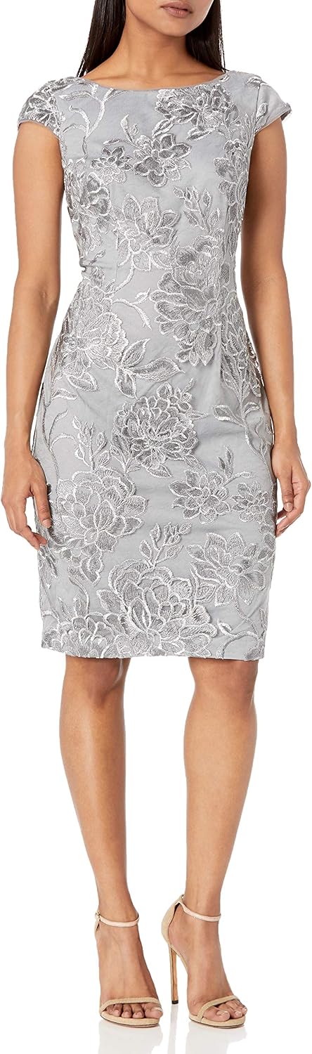Short embroidered cocktail dress in [color] for wedding guest, available in petite and regular sizes — view 3