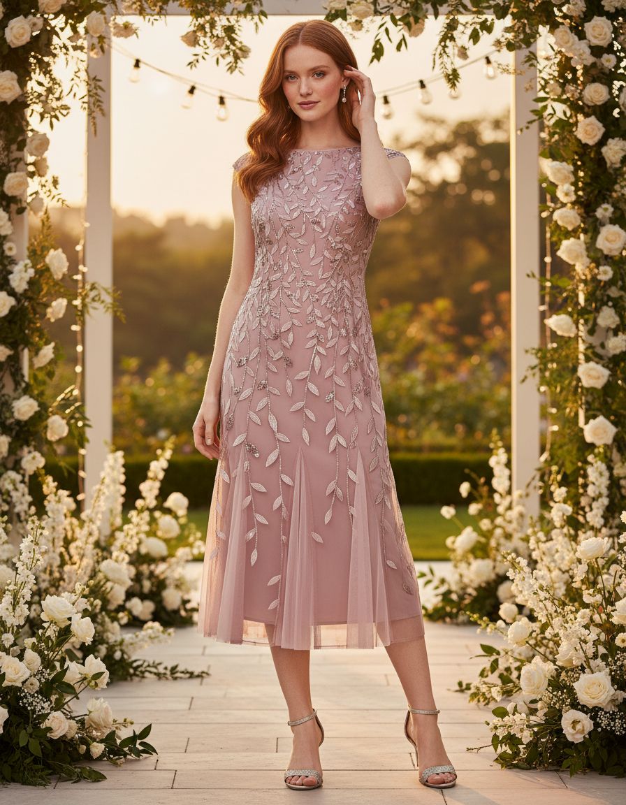 Short embroidered cocktail dress in [color] for wedding guest, available in petite and regular sizes — editorial hero