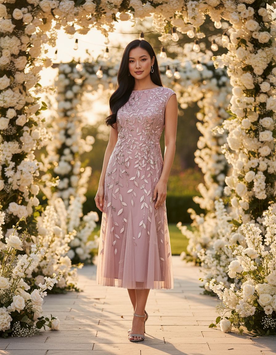 Short embroidered cocktail dress in [color] for wedding guest, available in petite and regular sizes — view 6