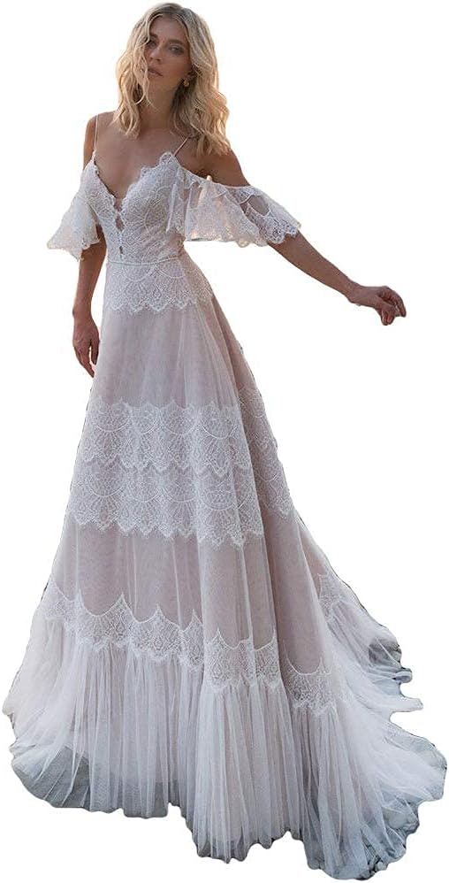 Boho Lace V-Neck Wedding Dress with Ruffle Sleeves 2026