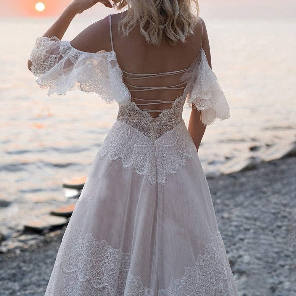 Women's boho lace wedding dress with V-neckline and ruffle sleeves in [color], styled for beach wedding settings — side