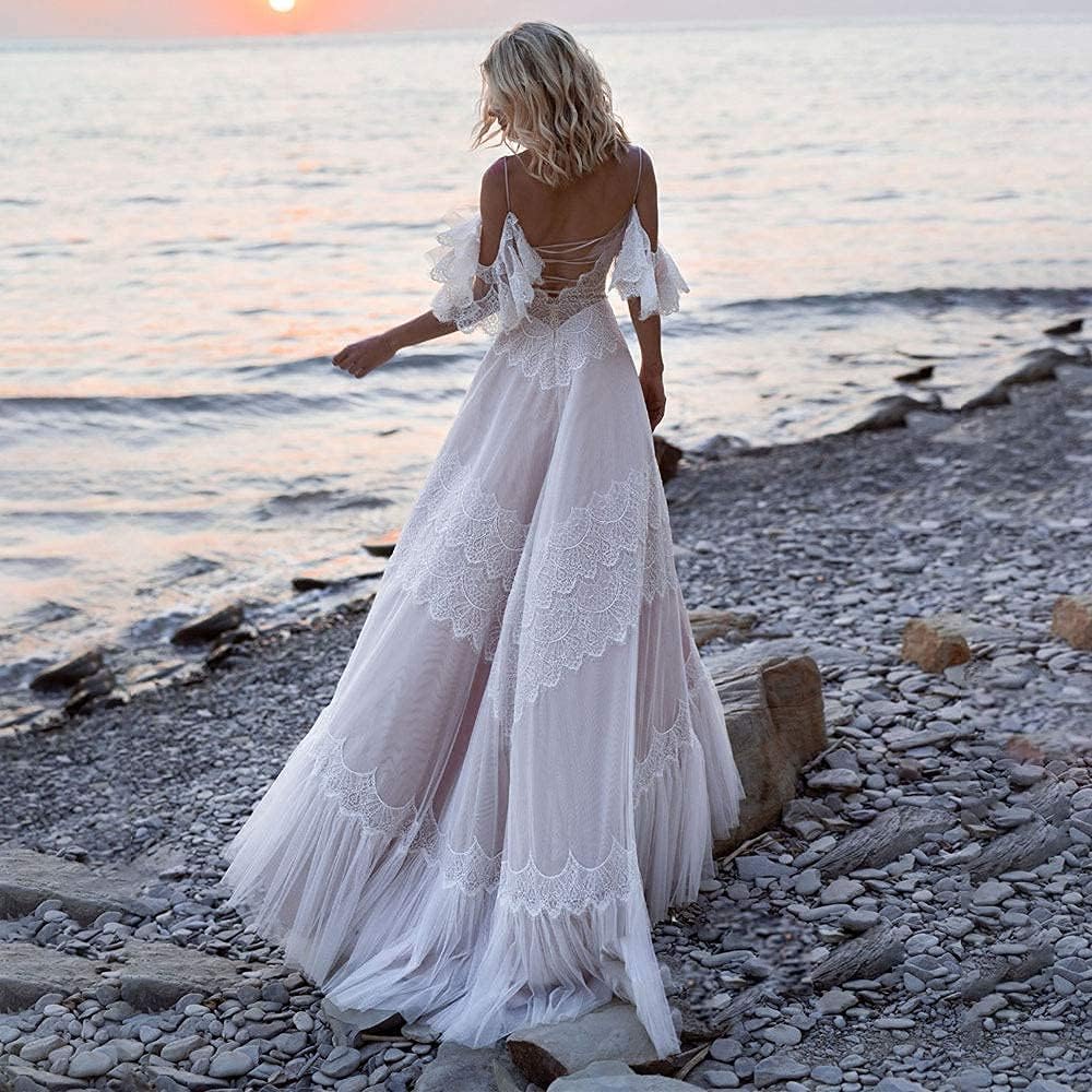 Women's boho lace wedding dress with V-neckline and ruffle sleeves in [color], styled for beach wedding settings — back