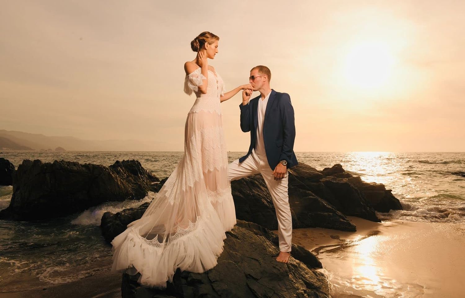 Women's boho lace wedding dress with V-neckline and ruffle sleeves in [color], styled for beach wedding settings — view 2