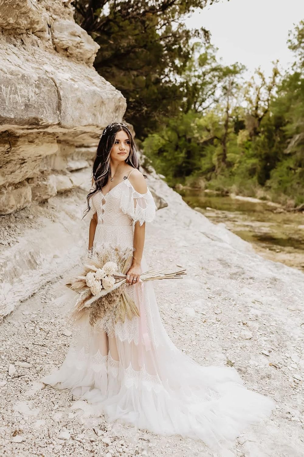 Women's boho lace wedding dress with V-neckline and ruffle sleeves in [color], styled for beach wedding settings — view 3