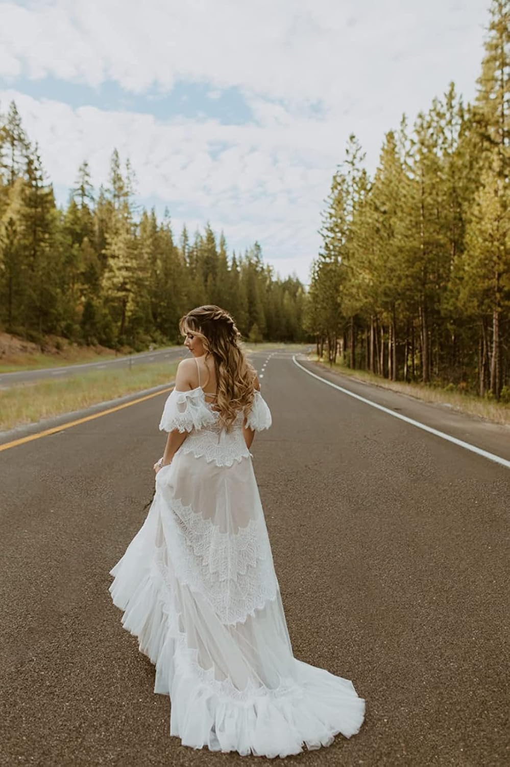 Women's boho lace wedding dress with V-neckline and ruffle sleeves in [color], styled for beach wedding settings — view 4