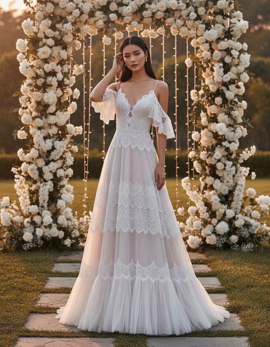 Women's boho lace wedding dress with V-neckline and ruffle sleeves in [color], styled for beach wedding settings — editorial hero