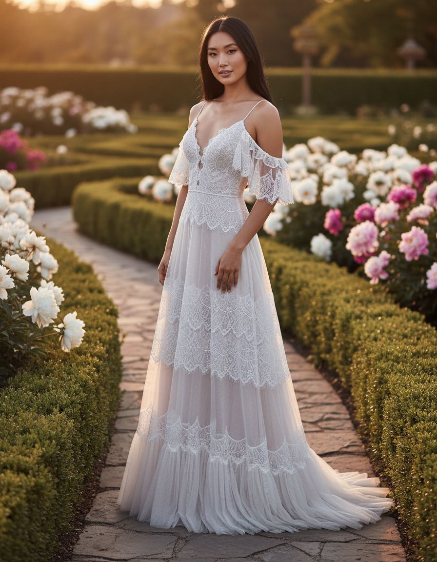 Women's boho lace wedding dress with V-neckline and ruffle sleeves in [color], styled for beach wedding settings — view 3b