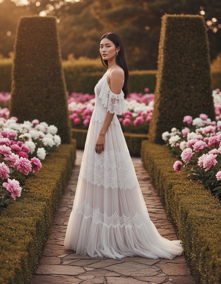 Women's boho lace wedding dress with V-neckline and ruffle sleeves in [color], styled for beach wedding settings — view 5b