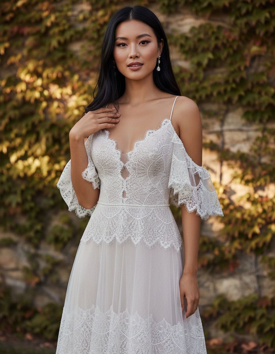 Women's boho lace wedding dress with V-neckline and ruffle sleeves in [color], styled for beach wedding settings — view 7b