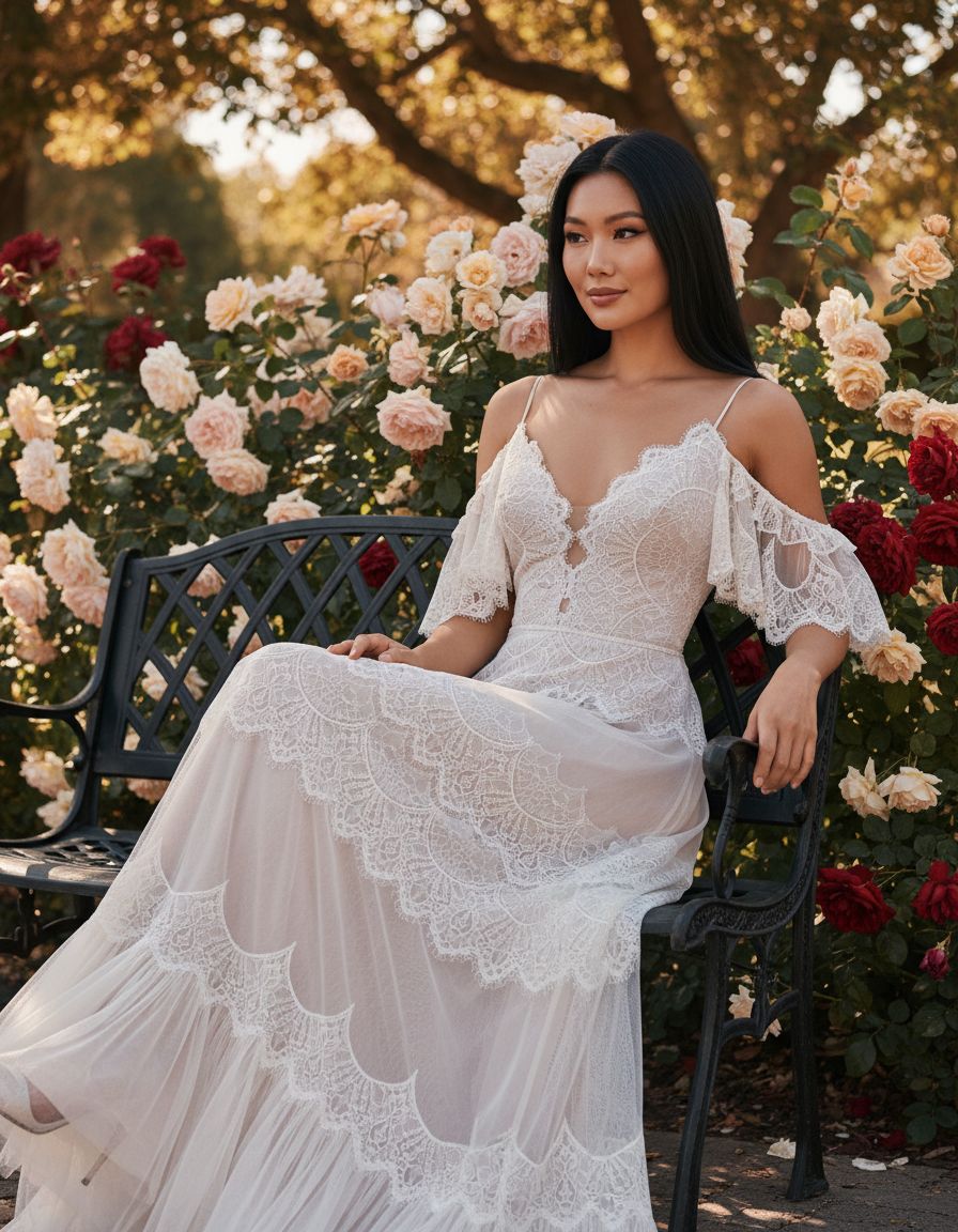 Women's boho lace wedding dress with V-neckline and ruffle sleeves in [color], styled for beach wedding settings — view 2