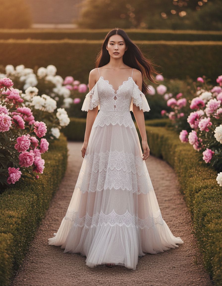 Women's boho lace wedding dress with V-neckline and ruffle sleeves in [color], styled for beach wedding settings — view 3a