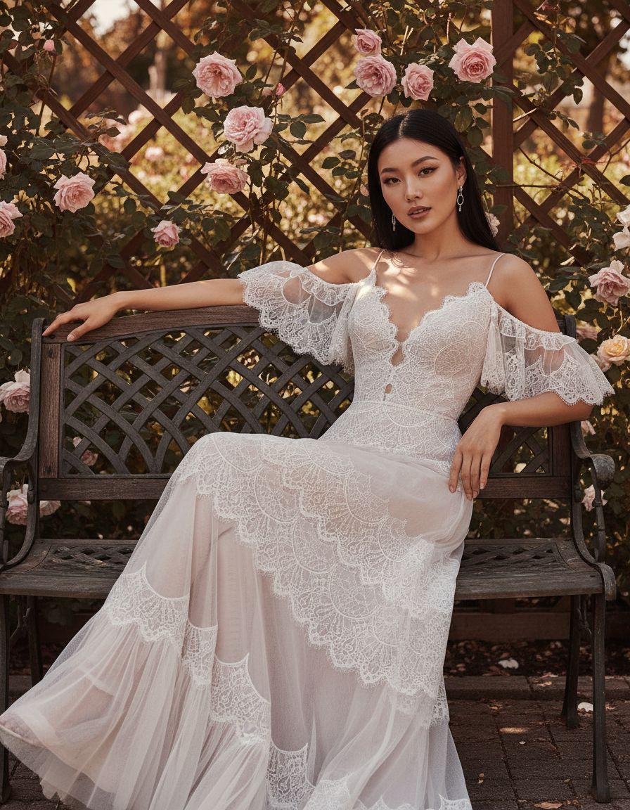 Women's boho lace wedding dress with V-neckline and ruffle sleeves in [color], styled for beach wedding settings — view 4