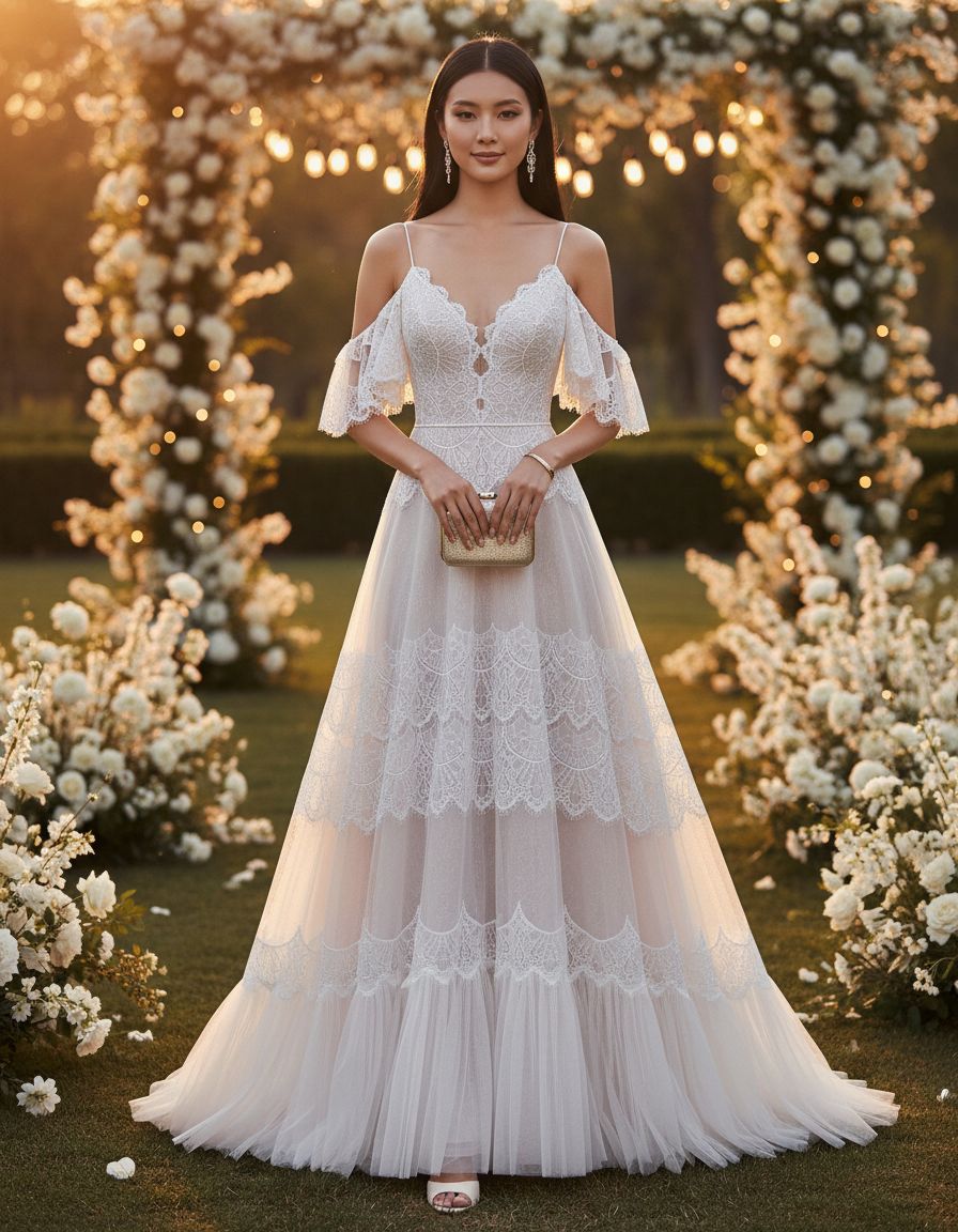 Women's boho lace wedding dress with V-neckline and ruffle sleeves in [color], styled for beach wedding settings — view 5a
