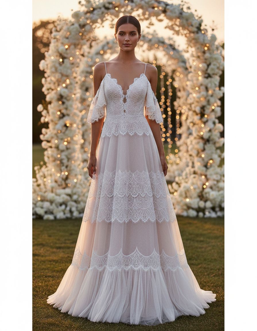 Women's boho lace wedding dress with V-neckline and ruffle sleeves in [color], styled for beach wedding settings — view 6