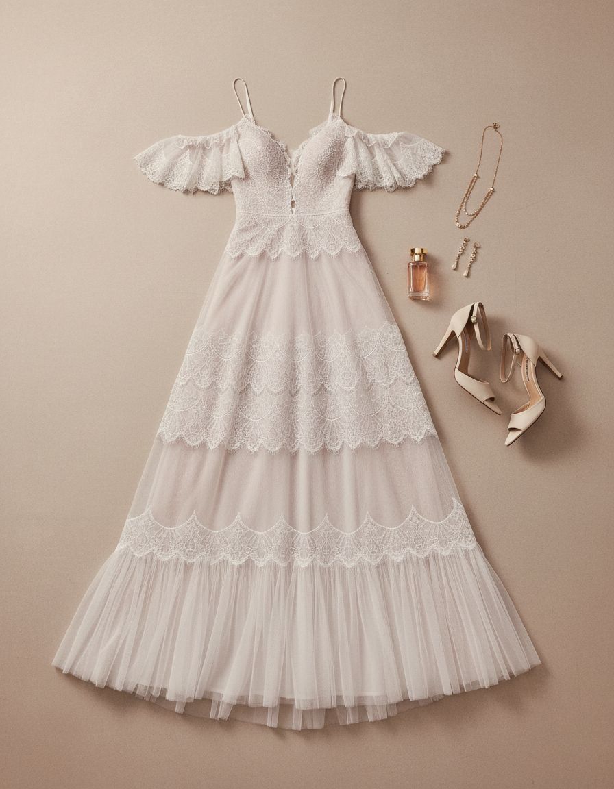 Women's boho lace wedding dress with V-neckline and ruffle sleeves in [color], styled for beach wedding settings — view 7a