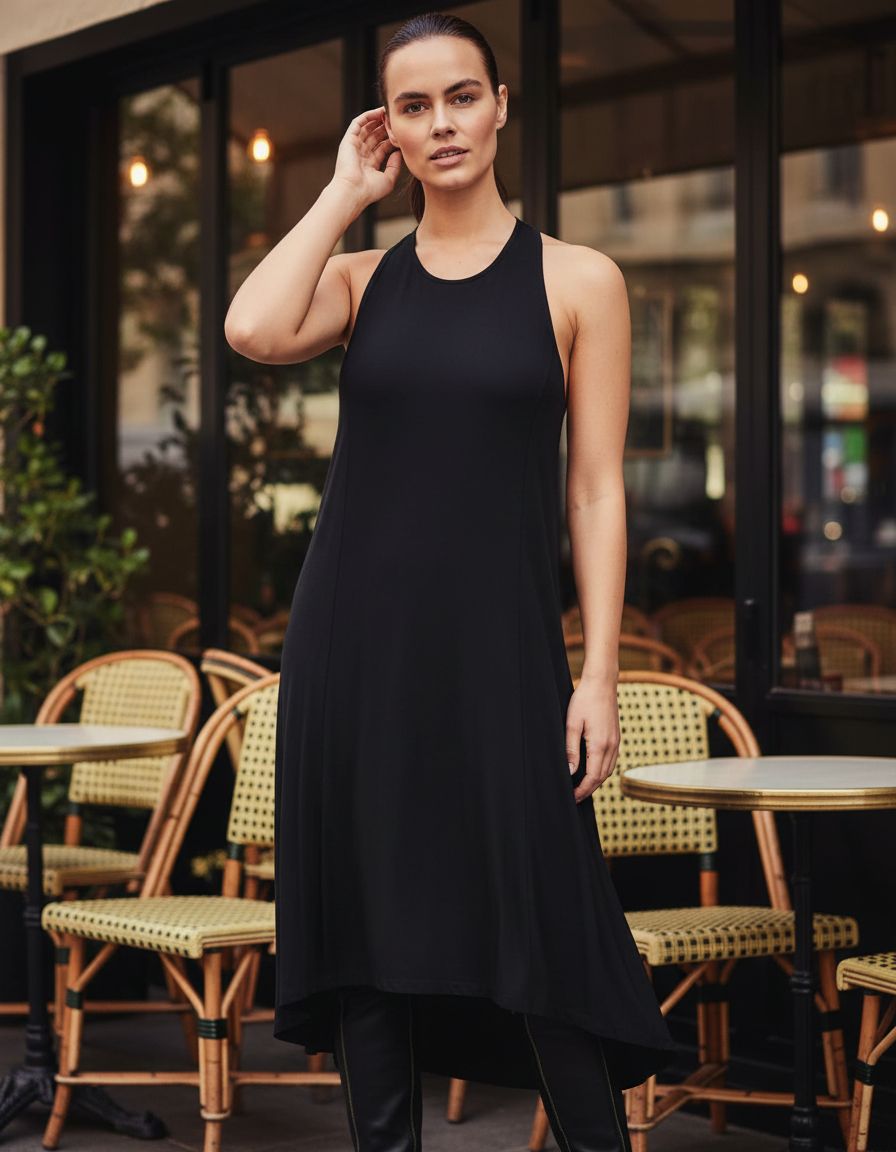 Minimalist athletic midi dress in [color] styled for casual athleisure wear — editorial hero