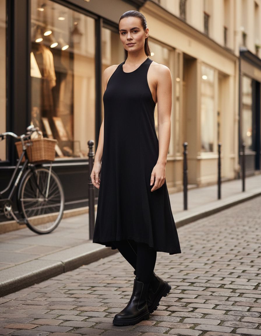 Minimalist athletic midi dress in [color] styled for casual athleisure wear — view 3b
