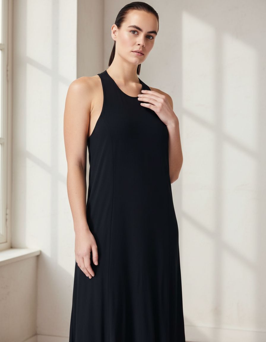 Minimalist athletic midi dress in [color] styled for casual athleisure wear — view 7b