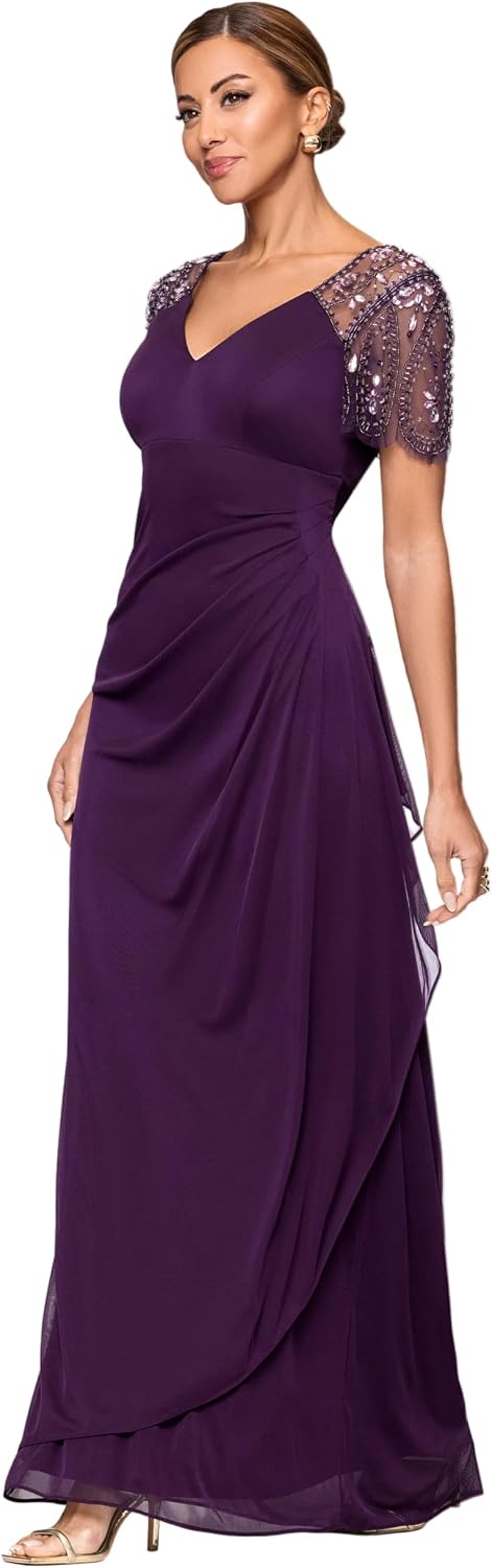 Floor-length jersey knit evening gown in [color] with V-neckline, beaded flutter sleeves, and ruched draping for wedding guest wear — view 1