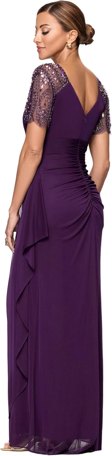 Floor-length jersey knit evening gown in [color] with V-neckline, beaded flutter sleeves, and ruched draping for wedding guest wear — view 2