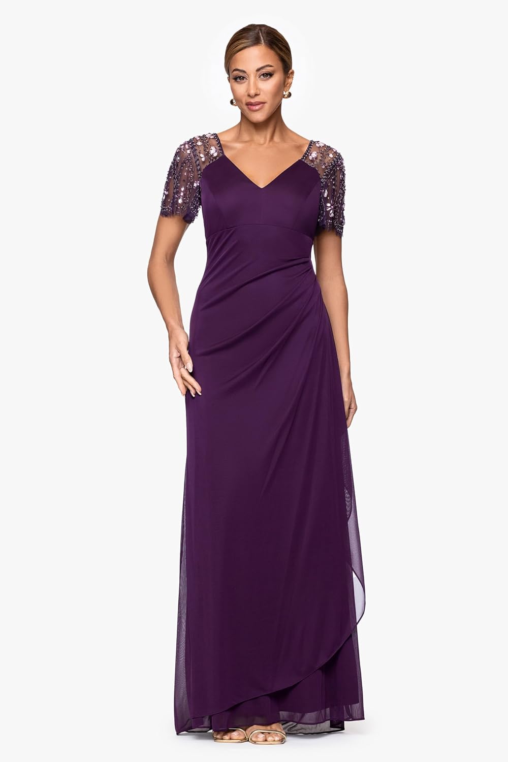 Floor-length jersey knit evening gown in [color] with V-neckline, beaded flutter sleeves, and ruched draping for wedding guest wear — view 4