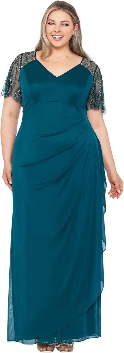 Floor-length jersey knit evening gown in [color] with V-neckline, beaded flutter sleeves, and ruched draping for wedding guest wear — view 2