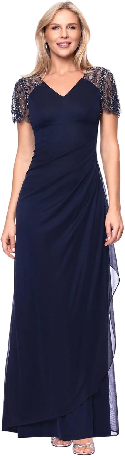 Floor-length jersey knit evening gown in [color] with V-neckline, beaded flutter sleeves, and ruched draping for wedding guest wear — view 3