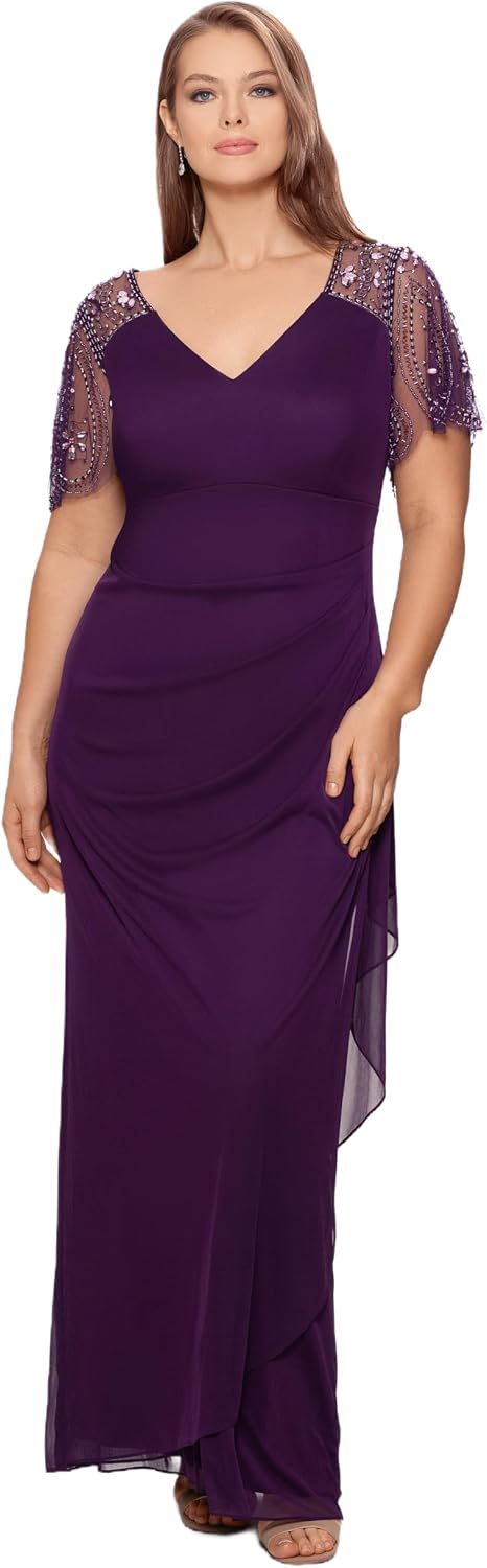 Floor-length jersey knit evening gown in [color] with V-neckline, beaded flutter sleeves, and ruched draping for wedding guest wear — view 4