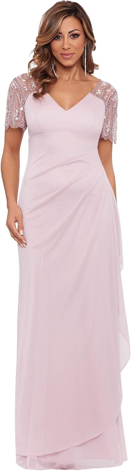 Floor-length jersey knit evening gown in [color] with V-neckline, beaded flutter sleeves, and ruched draping for wedding guest wear — view 5