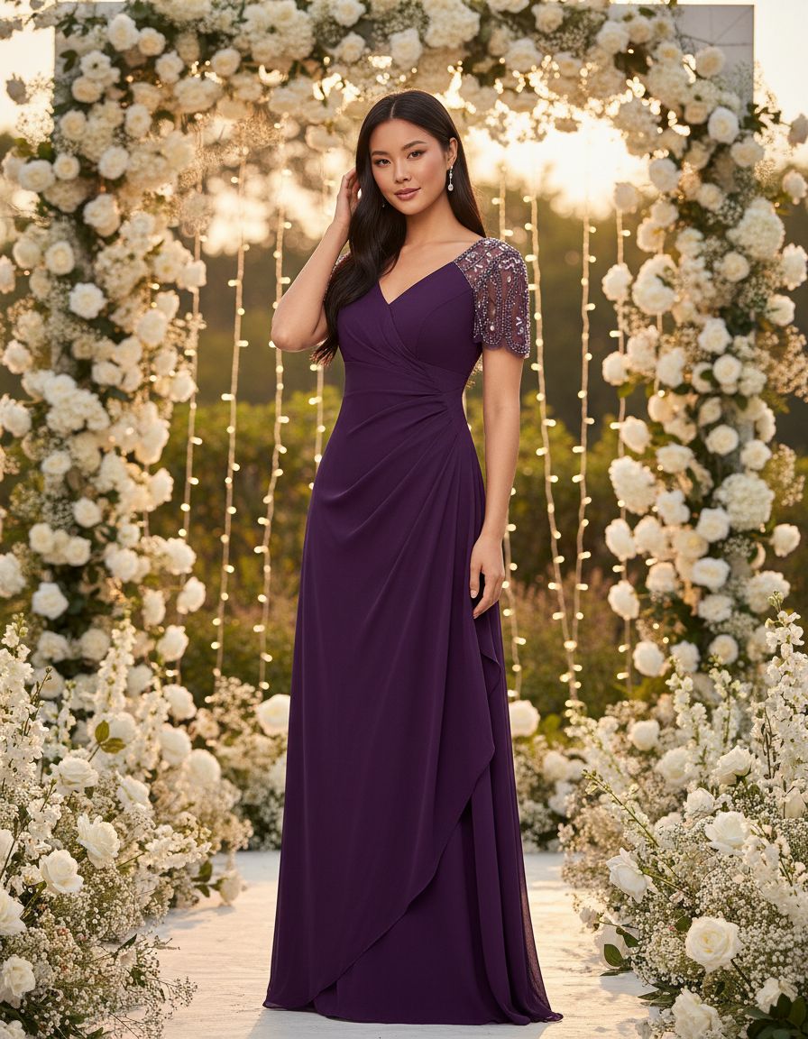 Floor-length jersey knit evening gown in [color] with V-neckline, beaded flutter sleeves, and ruched draping for wedding guest wear — editorial hero