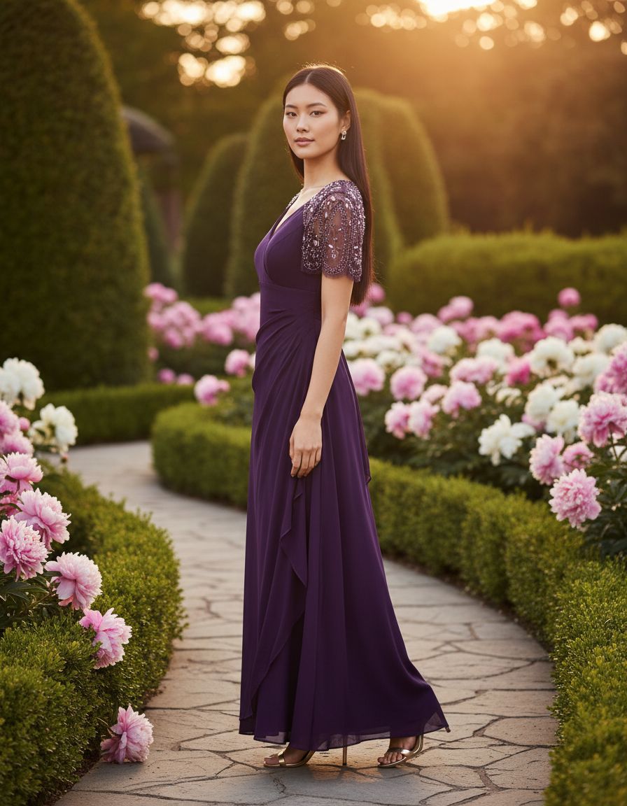 Floor-length jersey knit evening gown in [color] with V-neckline, beaded flutter sleeves, and ruched draping for wedding guest wear — view 5b