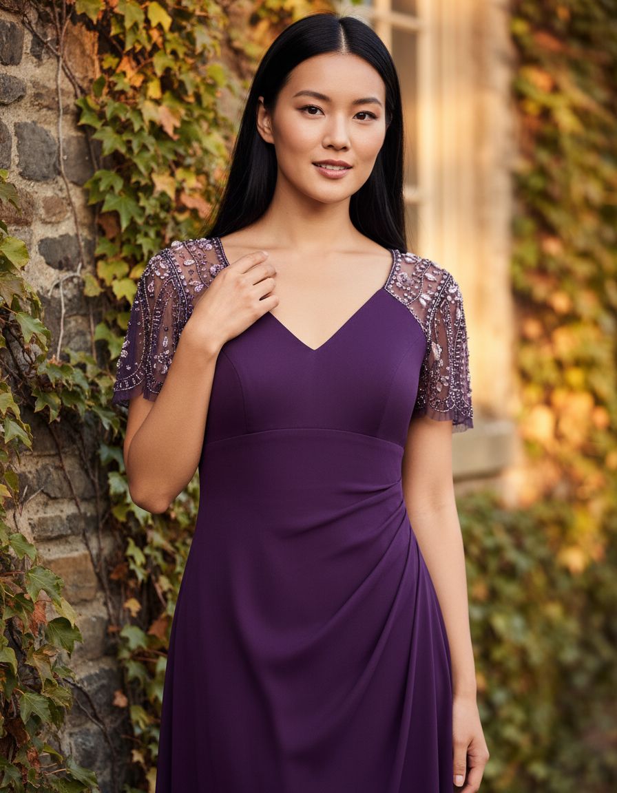Floor-length jersey knit evening gown in [color] with V-neckline, beaded flutter sleeves, and ruched draping for wedding guest wear — view 7b