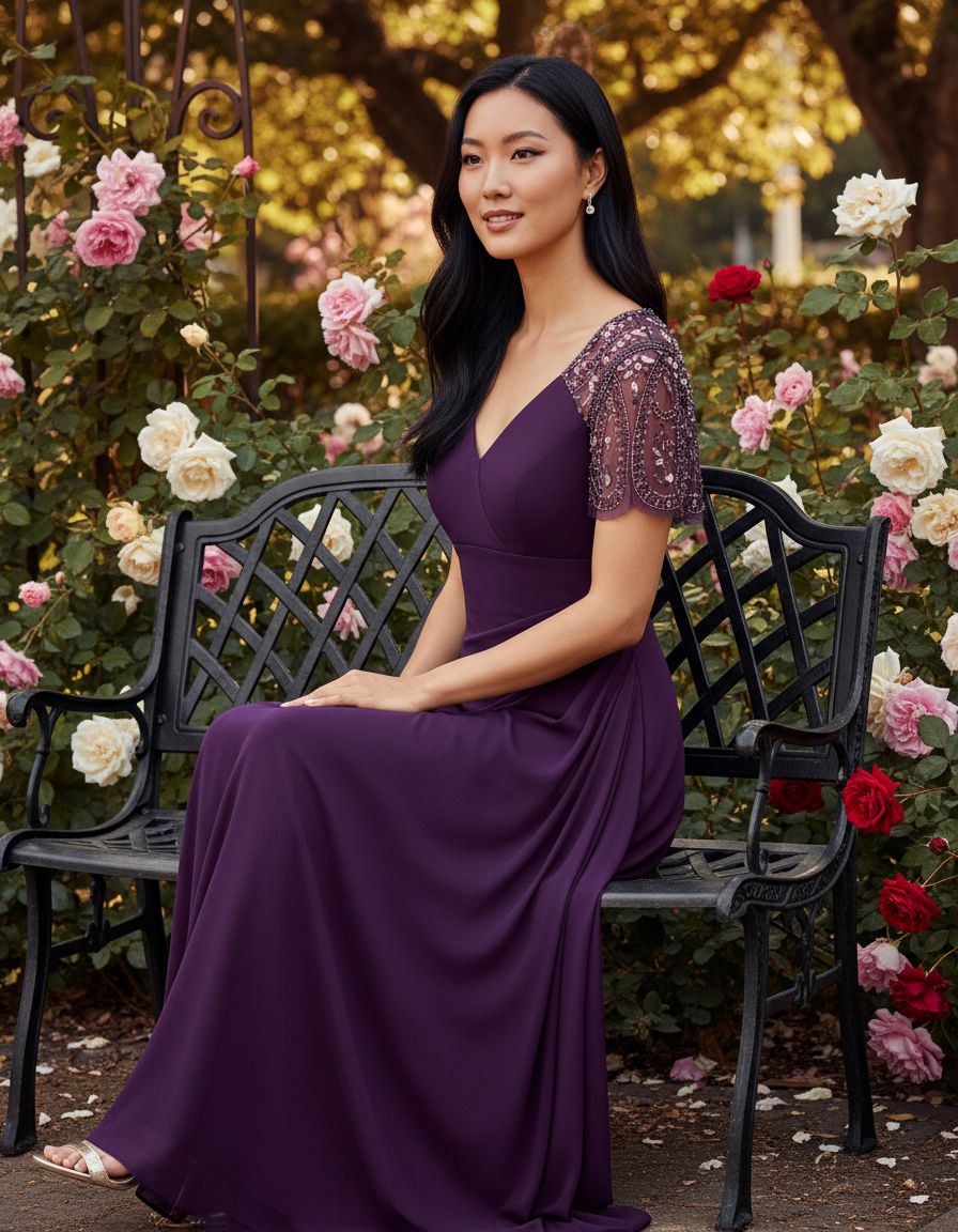 Floor-length jersey knit evening gown in [color] with V-neckline, beaded flutter sleeves, and ruched draping for wedding guest wear — view 2