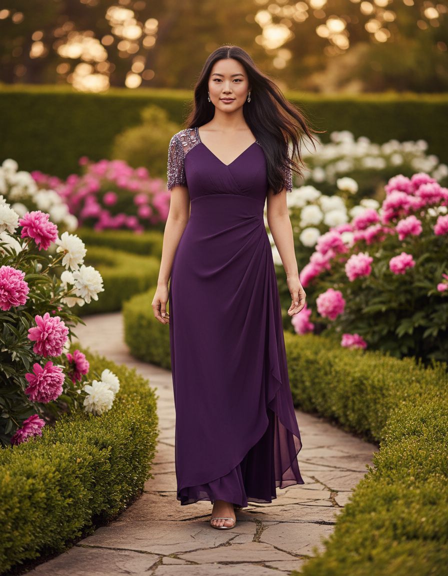 Floor-length jersey knit evening gown in [color] with V-neckline, beaded flutter sleeves, and ruched draping for wedding guest wear — view 3a