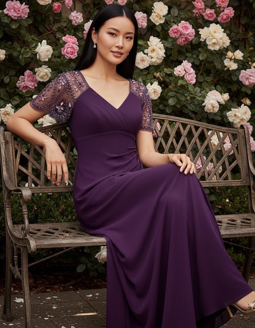Floor-length jersey knit evening gown in [color] with V-neckline, beaded flutter sleeves, and ruched draping for wedding guest wear — view 4