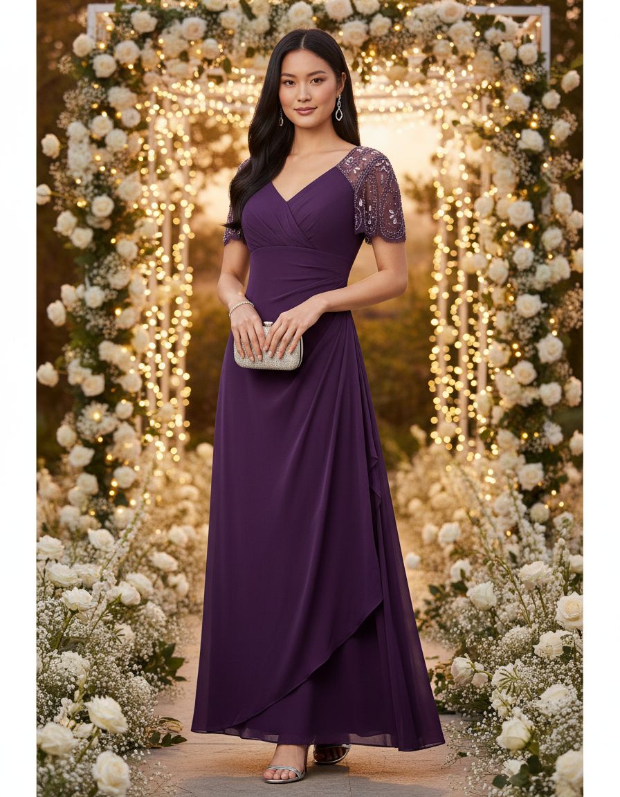 Floor-length jersey knit evening gown in [color] with V-neckline, beaded flutter sleeves, and ruched draping for wedding guest wear — view 5a