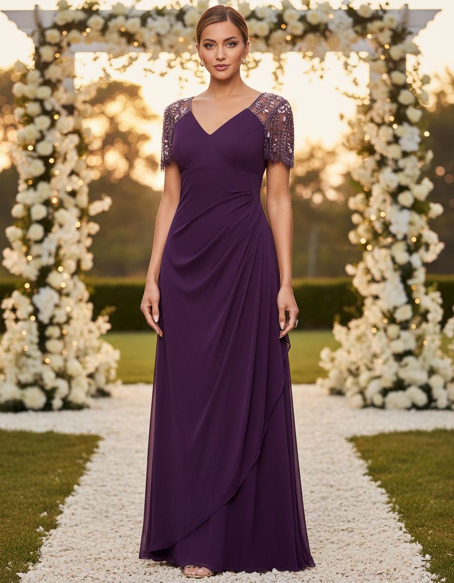 Floor-length jersey knit evening gown in [color] with V-neckline, beaded flutter sleeves, and ruched draping for wedding guest wear — view 6