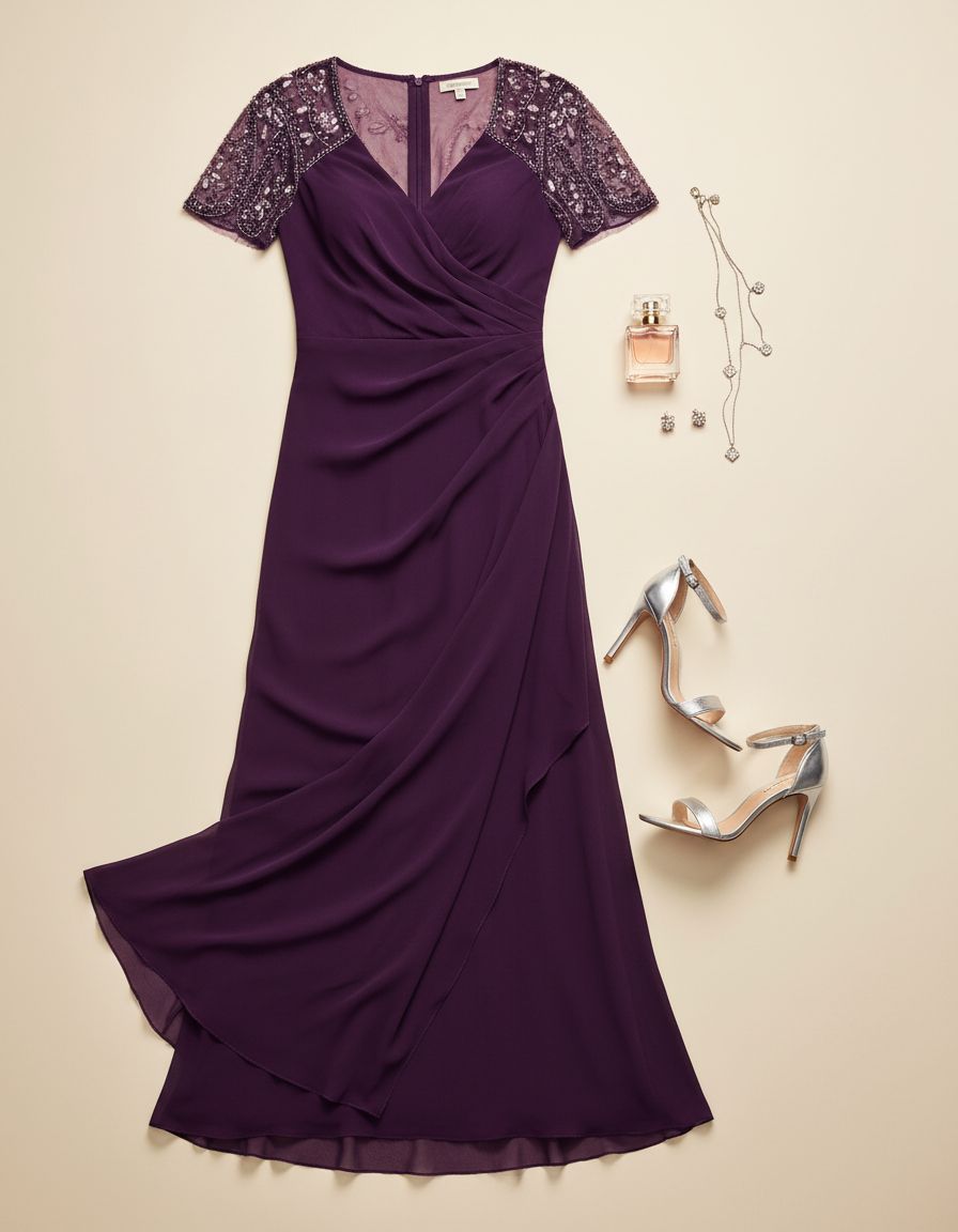 Floor-length jersey knit evening gown in [color] with V-neckline, beaded flutter sleeves, and ruched draping for wedding guest wear — view 7a