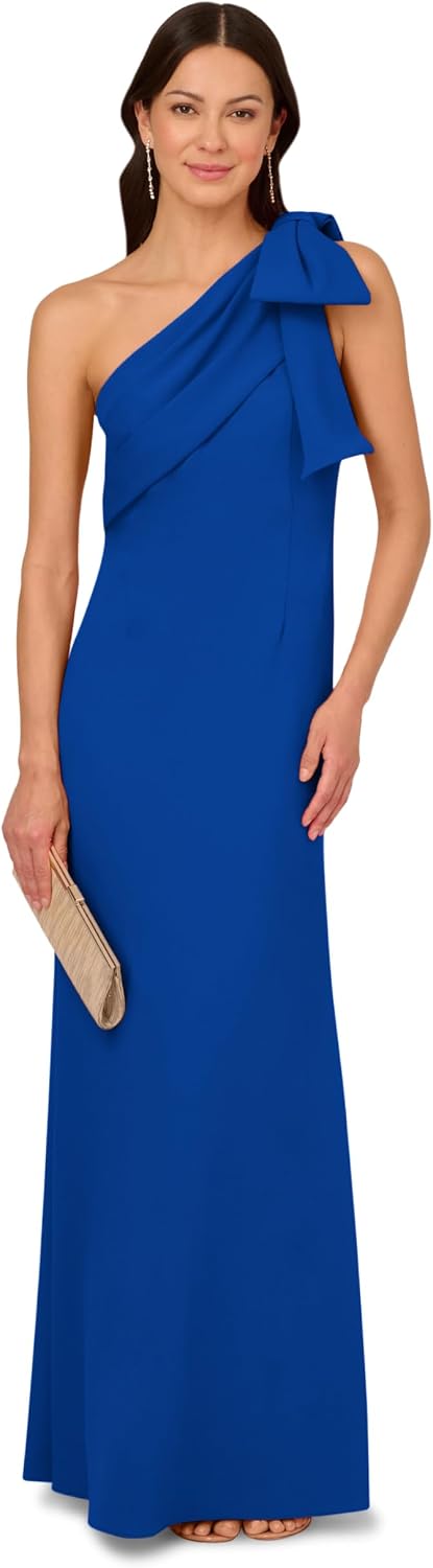 Classic stretch crepe long dress in [color] worn for wedding guest occasion — view 4