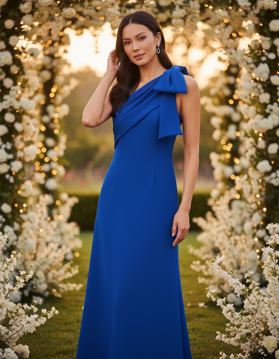 Classic stretch crepe long dress in [color] worn for wedding guest occasion — editorial hero