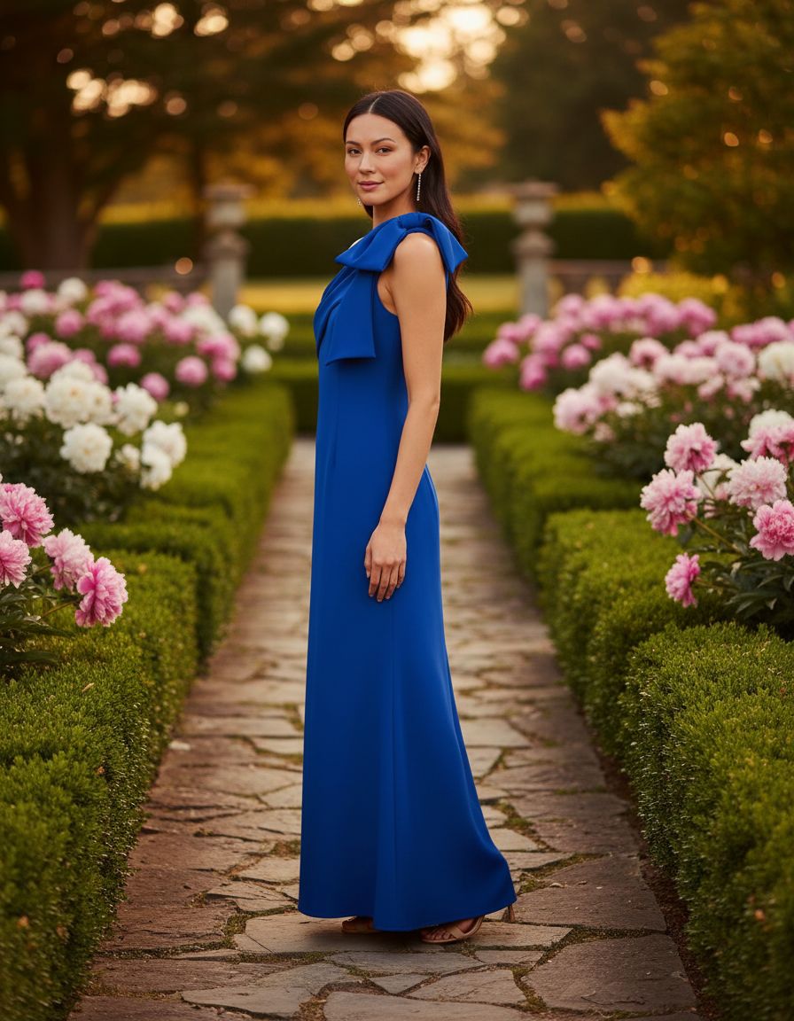 Classic stretch crepe long dress in [color] worn for wedding guest occasion — view 5b