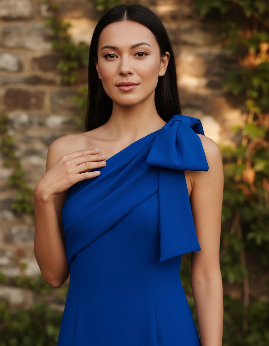 Classic stretch crepe long dress in [color] worn for wedding guest occasion — view 7b