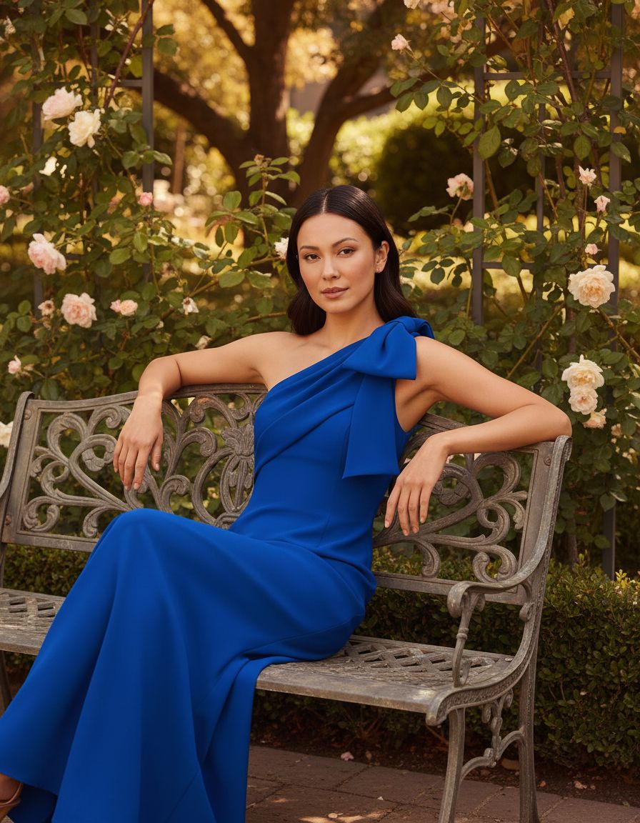 Classic stretch crepe long dress in [color] worn for wedding guest occasion — view 4