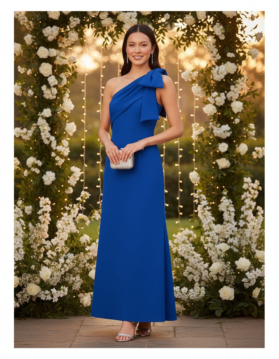 Classic stretch crepe long dress in [color] worn for wedding guest occasion — view 5a