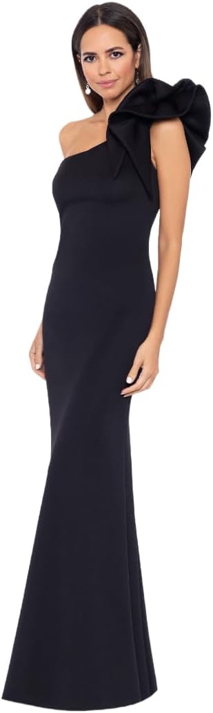 One-shoulder scuba crepe long formal gown in [color], worn as wedding guest dress — view 1