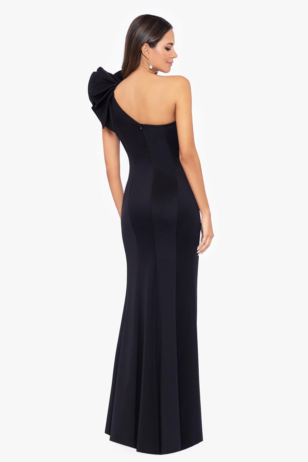 One-shoulder scuba crepe long formal gown in [color], worn as wedding guest dress — view 2