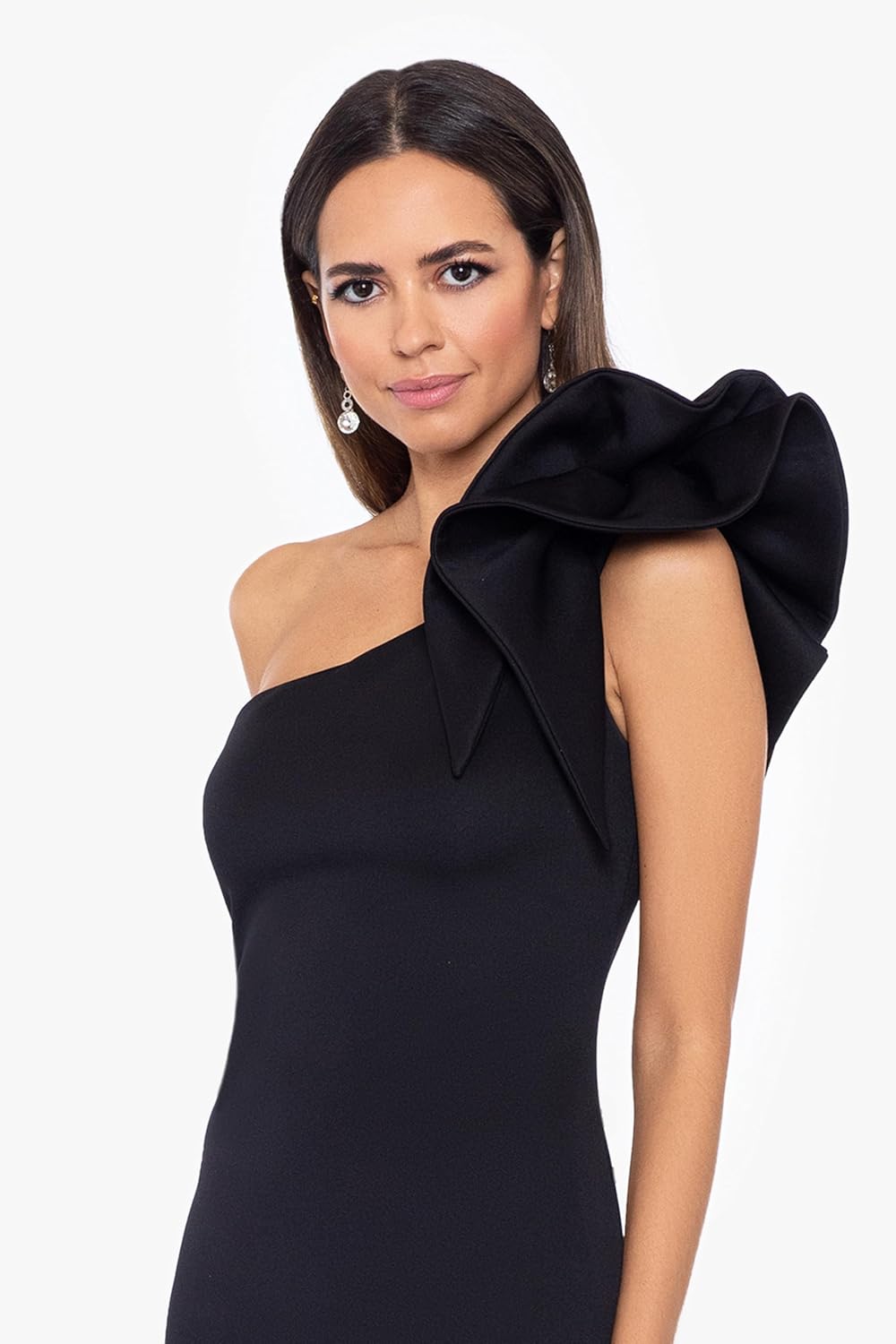 One-shoulder scuba crepe long formal gown in [color], worn as wedding guest dress — view 3