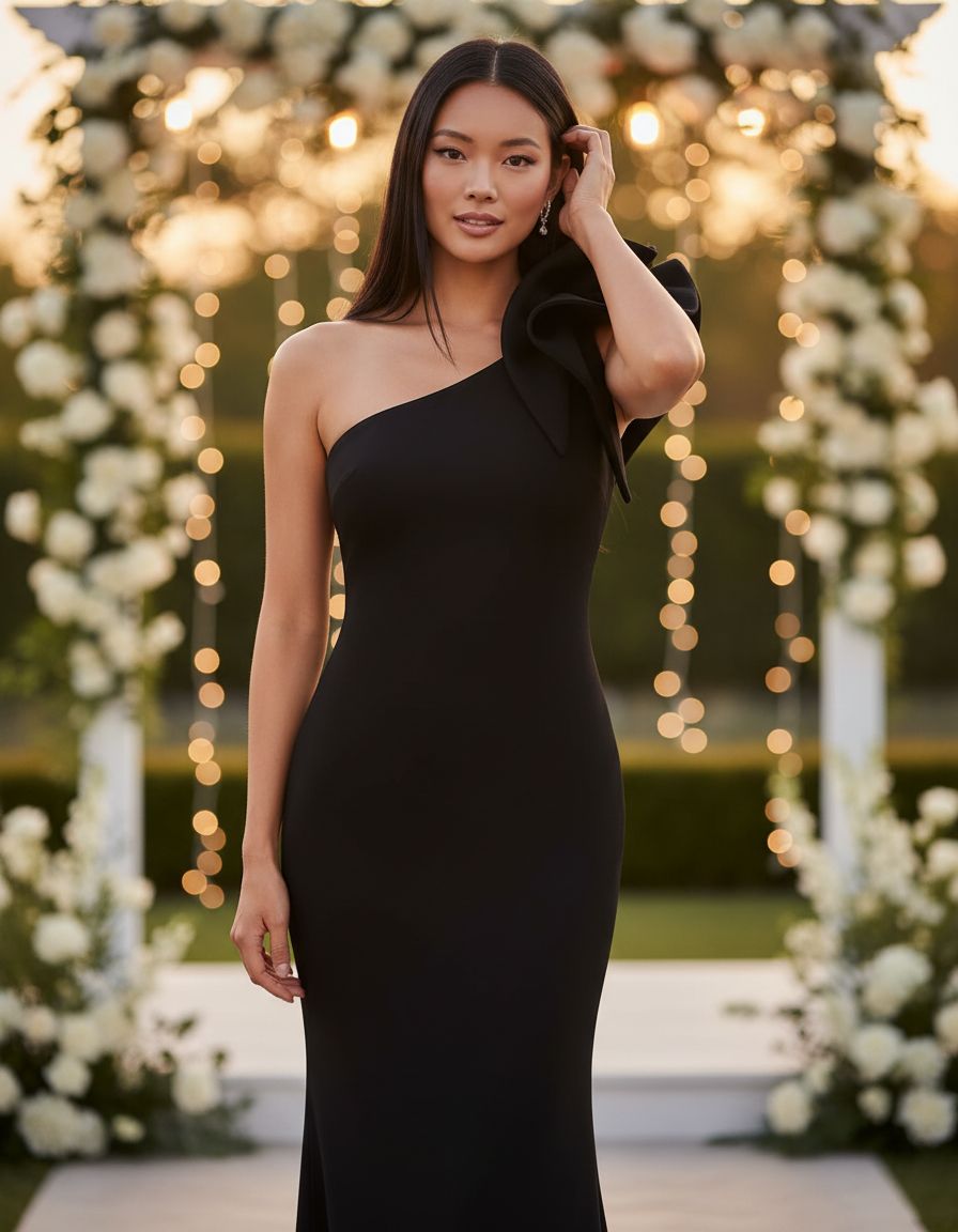 One-shoulder scuba crepe long formal gown in [color], worn as wedding guest dress — editorial hero