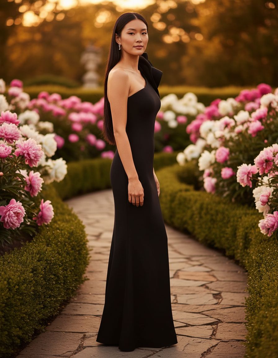 One-shoulder scuba crepe long formal gown in [color], worn as wedding guest dress — view 5b