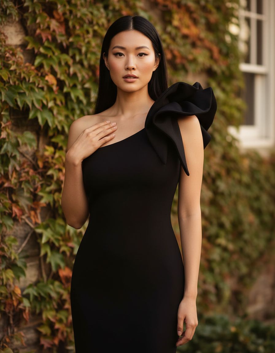 One-shoulder scuba crepe long formal gown in [color], worn as wedding guest dress — view 7b